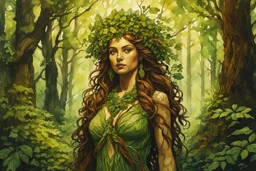 create an oil and watercolor full body portrait of a forest dryad enchantress , with highly detailed, sharply lined facial features, in the deep forest of Brokilon , finely inked, in rustic colors, 4k in the style of Maxfield Parrish