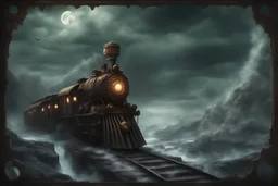 grim dark moody cold and stormy fantasy landscape with a steampunk lighting elemental train traveling through it