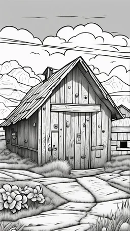 coloring page, old barn, cartoon style, thick lines, low detail, no shading