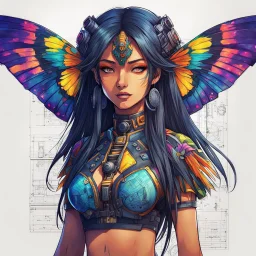 half body, long hair, with detailed blueprints and engineering schematics of a walking hybrid Madagascan sunset moth insect girl, in anime style, drawings, 8k, vibrant natural colors, white skin, wings above shoulder