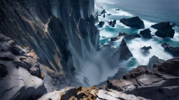 This mesmerizing ocean cliff scene captures the dramatic power and beauty of nature. Towering rugged cliffs stand majestically against the vast expanse of the ocean, where the water pours into a singular bottomless pit. The cliffs, with their sharp and jagged edges, create a stark contrast to the rough, flowing water, making the scene even more captivating. Sunlight pierces through the mist rising from the waterfalls, creating a magical, ethereal atmosphere