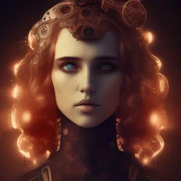  high lit eyes, steampunk, singer Danish MØ face, style Abstract portrait, darkred tones,