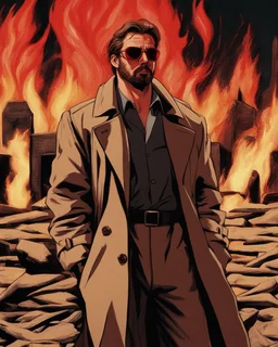 a young man with big muscles who looks like hans gruber wearing a trench coat and red sunglasses staring with an irritated look on his face standing in front of a fire