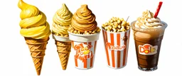 ice cream cones, dole-whip cones, sundaes, striped bag of popcorn, iced coffee drink with whipped topping. whimsical and delightful, digital painting on white
