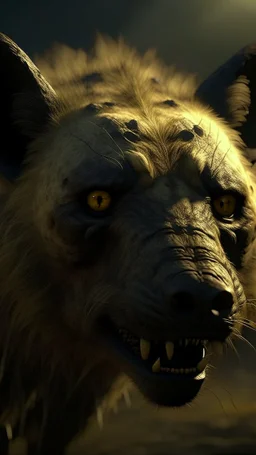 Crafting a terrifying 8K depiction of an evil old hyena face , His presence exudes an unsettling aura of malevolence, instilling fear in all who behold him.