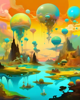 A digital artwork showcasing a surreal dreamscape of floating islands in a pastel-colored sky. Each island is home to unique, whimsical creatures, and a river of liquid gold flows between them. The atmosphere is one of wonder and imagination, with a hint of the fantastical. The painting is created using vibrant, dreamlike colors, blending elements of Salvador Dali and Hayao Miyazaki, Digital painting with bold, ethereal brushstrokes.