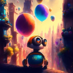 Wall-E, digital art, anime, 4k, full details, high resolution, colorful, alone, city, baloons