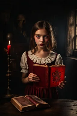 New generation from: <@281675145297264640> Prompt text `a girl possessed, red eyes emitting red liquid, scary face, holding an old book, against the background of a dark room full of old things` Model: `Realism` Duration: `long` Camera_mode: `zoom_out` Model_version: `v2` Prompt ID: 1436747