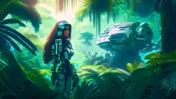 Wide-angle, woman with straight hair, dressed like a robot, with equipment in her hands, next to a crashed spaceship, in a clearing on an alien jungle world