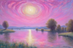 fushsia sky, planet in the sky, lake, sci-fi, mountains, galactic cosmic influence, auguste oleffe and emile claus impressionism paintings