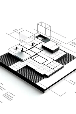 Concept diagram with large ameba plaza and three rectangles, flat surface, black and white, 2d