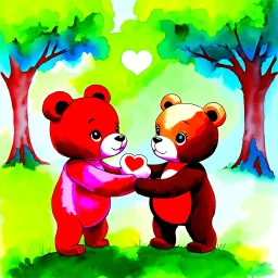 vingette of star-buddy and a heart-buddy with cheer-bear plush in the-forest-of-feelings, (Elena Kucharik watercolor)