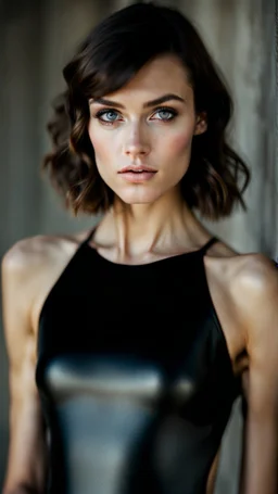 beautiful anorexic secretary, total shot, short shiny grey triathlon swimsuit, short brunette wavy bob hair, blurred concrete background, standing