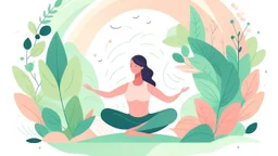 Create a serene and playful illustration for a yoga and well-being website. Use a soothing color palette and depict a tranquil yoga scene with a yogi in several yoga poses surrounded by nature.