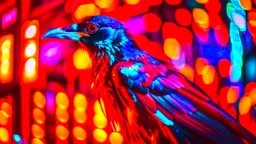 Capture a striking image of a crow, its black leather coat standing out, amidst the vibrant glow of red and yellow Christmas lights. Embrace a photography style that seamlessly merges punk aesthetics with the festive ambiance. Ensure the composition reflects the edgy yet holiday-inspired fusion, creating a visually captivating scene that emphasizes the crow's unique attire against the backdrop of vivid Christmas lights.