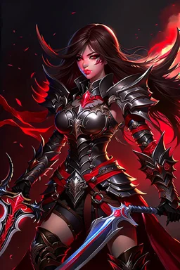 full body picture of a young woman with long brown hair, fantasy, dark, wearing black and red leather fantasy armor, evil, red eyes, smirk, confident, arrogant, anime, high resolution, hi res, detailed, intricate, fighting, warrior, detailed background