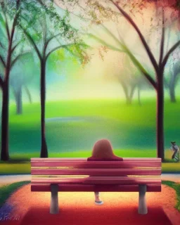 park mystical dream, park bench, man, woman, child, dog, trees, path, bird, sunshine, mystical, fantasy, romanticism, pastel colors, daylight, daytime, acrylic painting, detailed, soft focus,