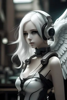 robot, beautiful woman, white hair, maid, cyberpunk, angel,