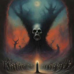 Choirs of the underworld, Hell's mighty wrath Speaking in tongues, creepy eldritch aesthetic. violent colors, By Gyorgy Kepes, by Zdzislaw Beksinski and Lisa Frank, ink and watercolor illustration, creepy, eerie, scary, opulent shadows, gritty, by John Stephens, dramatic, expansive, religious symbols
