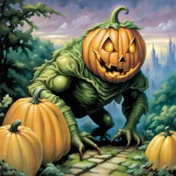 fantasy 90's tcg art of a good heroic fairytale pumpkin creature