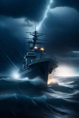 A bold close up warship on ocean with lightning