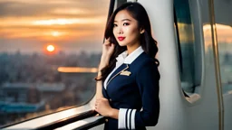 A gorgeous Asian model in an air hostess uniform looking out of the window at sunset