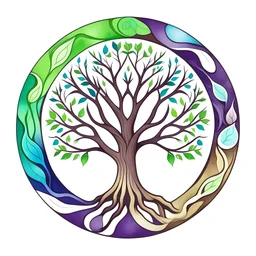 centered, logo with centered tree of life being held inside up turned hands, vector, purple, green, blue, brown, with crescent moon, watercolors