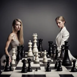 A chess game with female fashion models as the chess pieces.