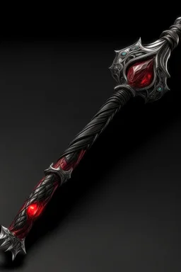 A sorceress evil staff that is a mix colors of red and black crystals and sharp edges