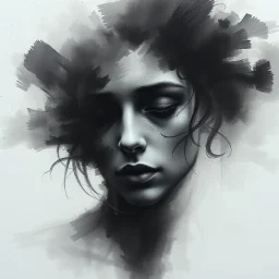 A hauntingly beautiful abstract portrait of a human face emerging from soft charcoal strokes. The figure is partially obscured with blurred, smudged textures, creating an ethereal and ghostly effect. The face conveys subtle sadness and mystery, with deep shadows and faint highlights giving it a timeless ...