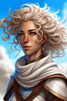 create a portrait of a female air genasi from dungeons and dragons, with white vey curly hair, with a side part in his hair, cloud-like hair, with glowing blue eyes, digital art, high resolution, light brown skin, tan skin, with full lips, strong lighting, desert, wind, air, lightning, big scarf, mixed race, animated