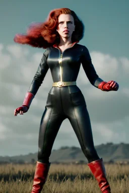 retro portrait image from 1960, sky background, wind, long red hair, fighting stance, sweet young Scarlett Johansson, black dress, classic long tight lycra black suit, gold bracelet and belt, high heel boots, superhero style, soft color, highly detailed, unreal engine 5, ray tracing, RTX, lumen lighting, ultra detail, volumetric lighting, 3d, finely drawn, high definition, high resolution.