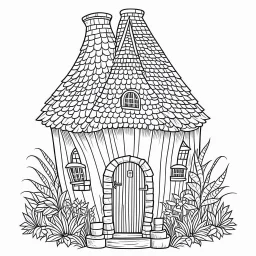 A fairy house with a thatched roof and a chimney, exact shape, real image, minimal lines, white back ground color, real style, realistic, minimalistic, minimal black line art, line art, crisp line art, unique coloring sheet, outlined, outline, crisp, crisp line edges, illustration, thin lines, crisp clear lines, line art, clean line art, unique, 8k, no colors, no dark color, no black color, avoid thick black, minimalistic line edges, pure white back ground,