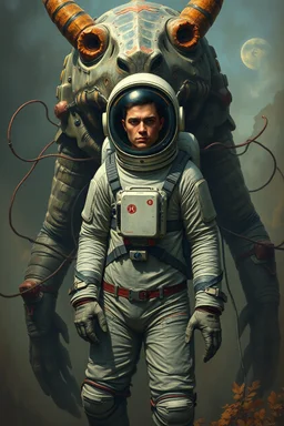 Bosch painting style, an astronaut surrounded by wired large creature behind him