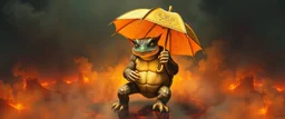 smite by god was the evil furry goblin gremlin turtle man holding a golden umbrella in a pool of smoke and lava in the style of Escher and Giger.