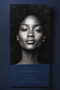 An extremely formal, funeral program written in French for a black woman (include a front photograph of a beautiful lightly tanned biracial black woman) on darkest blue deeply pigmented velvet paper with brilliant, brightest heavy bright shining platinum calligraphy fonts, simple, minimalistic, less element, very dramatic lighting