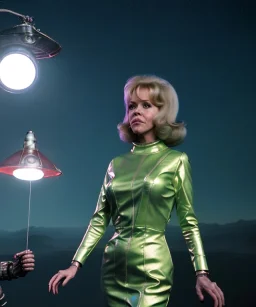 Ultra Realistic retro sci-fi image from 1960, spaceship, sweet young woman Jane Fonda with a Lizard Man, dress with tight latex coat and retro glass helmet, Retro sci-fi style, soft color, highly detailed, unreal engine 5, ray tracing, RTX, lumen lighting, ultra detail, volumetric lighting, 3d, finely drawn, high definition, high resolution.