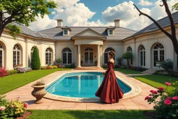 a luxury villa yard with pool in center and pretty plants trees flowers, pretty clouds,a pretty model lady in victorian clothing walking in villa yard around pool .every thing and lady is made of small colored cubes as a puzzle