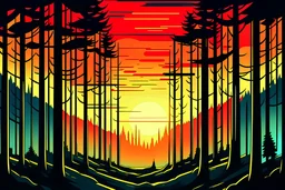 sun setting in a canadian forest with a cartoonish artstyle