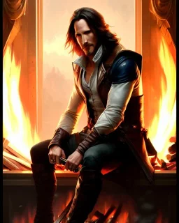 "matt mercer sitting in a comfy chair by a fireplace, beautiful eyes, full-scale head and shoulders portrait, 8k resolution concept art portrait by Greg Rutkowski, Artgerm, WLOP, Alphonse Mucha dynamic lighting hyperdetailed intricately detailed Splash art trending on Artstation triadic colors Unreal Engine 5 volumetric lighting Splash art fantasy