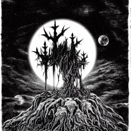 A Rotting Christ in a dark forest with a moon