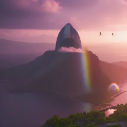 Christ the Redeemer, sunset, rainbow sunset, waterfall, palms, spring, sunset rainbow, flying birds, unreal engine 5, cinematic lighting, realistic, hyper detailed, 8k, octane render, cinema 4d