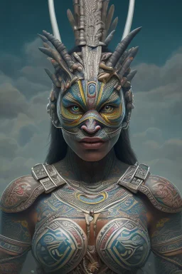  Photorealistic painting Portrait voluptuous female Maori Chief iron maiden rainbow Maori tribal tattoos, bow with arrows, full detail, 8k Neko Erokawa, style of Zootopia