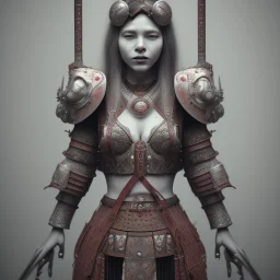 a warrior princess in samurai armor, red tattoo in the face, steam punk, scary, horror, realistic, made in octane, cinematic, movie, CGI, ultra-realistic, extremely detailed octane rendering, 8K, VRAY Super Real ar 2:3, dof photorealistic futuristic 50mm lens hard lighting dark gray tintype photograph, realistic lighting, sephia colors