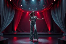 modern stage with gray-dark red theme artistic decoration , color full dynamic lighting, a beautiful lady in pants and blouse with shining silver jewels dancing, 3D recursive fractal structure animating background