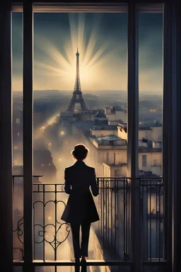 Movie poster. A woman overlooking Paris from here balcony, light rays coming to then fading to darkness. A man spying from behind her