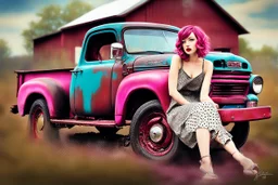 digital glossy airbrush realistic painting of a woman with fuscia pink wavy bob hair style with bangs, red lips, long lashes, wearing pearl jewelry, black and white polka dot dress, bare feet leaning on an old rusted Ford pickup truck, old rustic red barn in the background with redbud trees, with vibrant colors, glitter overlays, and bokeh effects, incorporating iridescent elements and a highly textured style to create an ethereal atmosphere.