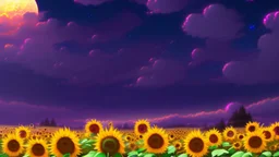 purple sky full of stars, sunflower field, anime, high res, makoto shinkai