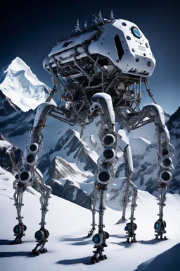 a sleek mechanical walker with eight legs scaling a very steep snow covered side of mout everest at night, it has a smooth surface, it has storage pods on its belly human can fit in the pods