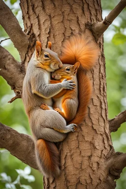 a pair of squirrels in love sleeping snuggling together in a big tree